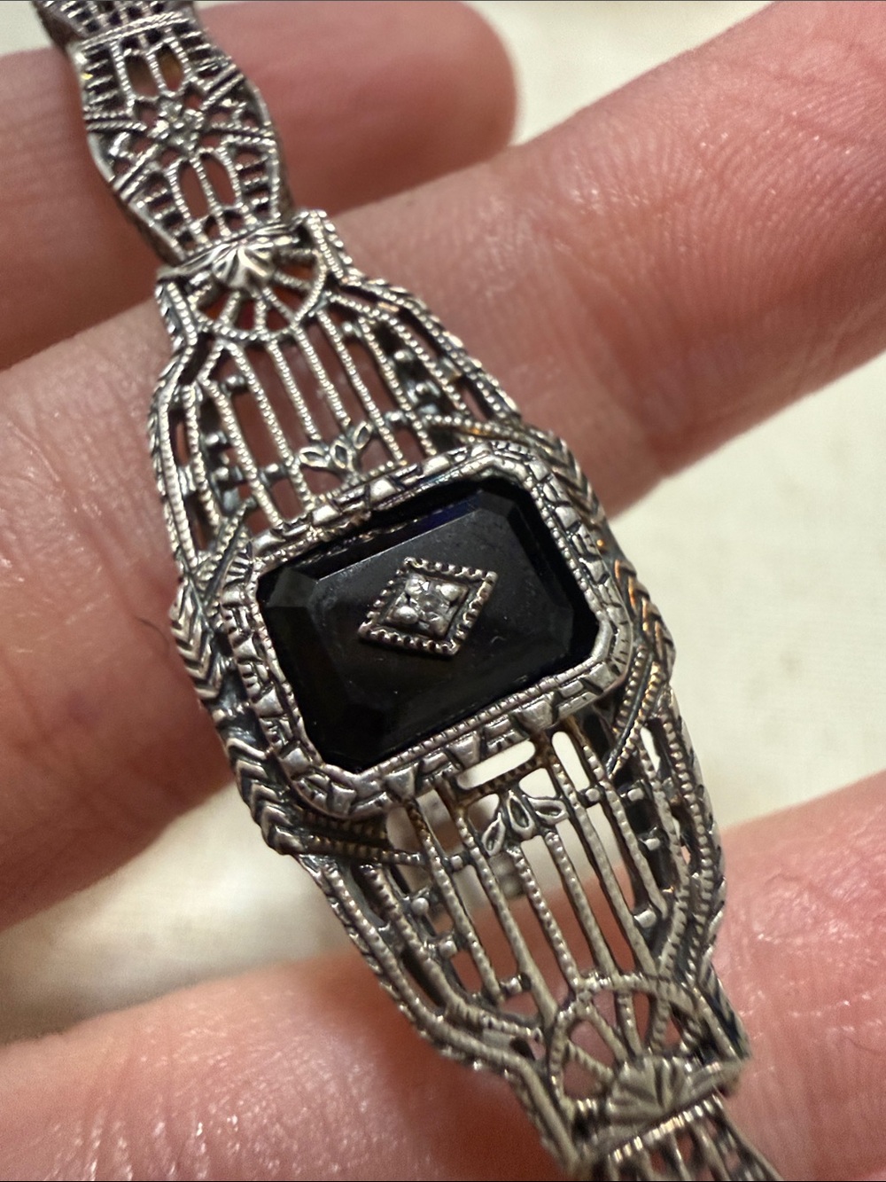 Vintage Antique Sterling Silver Filigree Bracelet W/Diamond & Black Dial 7.5’ - Picture 3 of 11